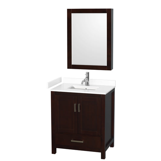 Sheffield 30" Single Vanity in Espresso, White Marble Top, Medicine Cabinet