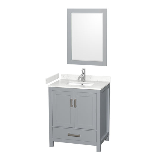 Sheffield 30" Single Vanity in Gray, Carrara Marble Top, Square 24" Mirror