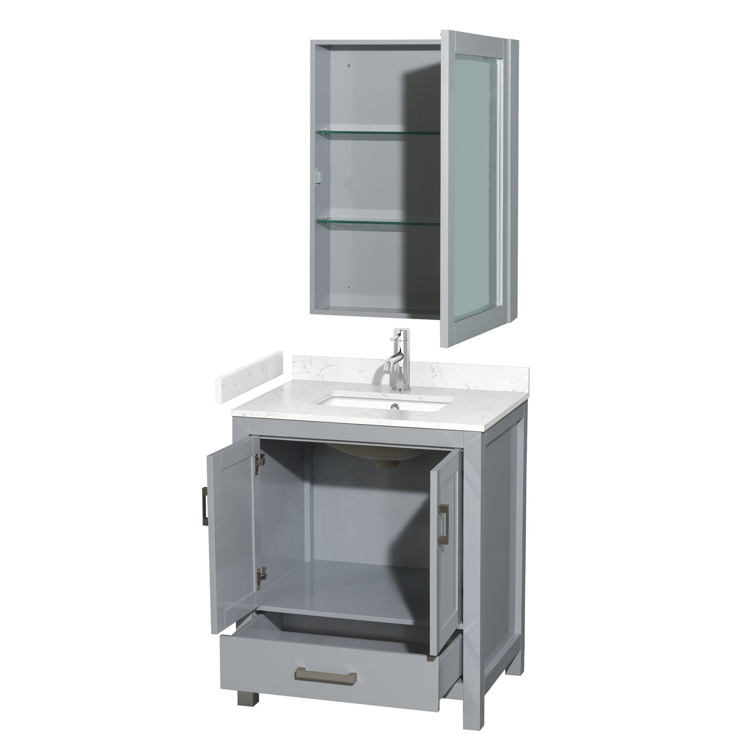 Sheffield 30" Single Vanity in Gray, Carrara Marble Top, Square Medicine Cabinet