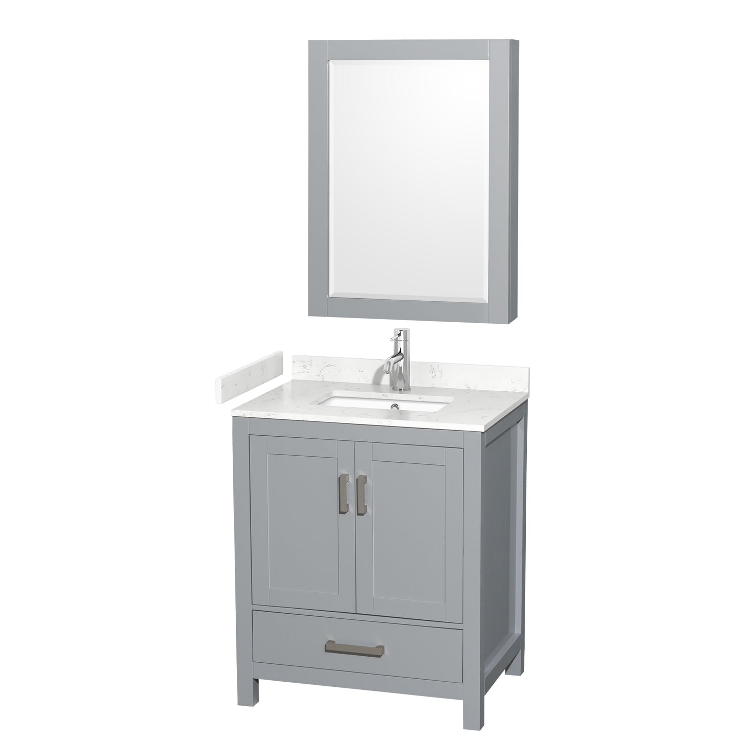 Sheffield 30" Single Vanity in Gray, Carrara Marble Top, Square Medicine Cabinet