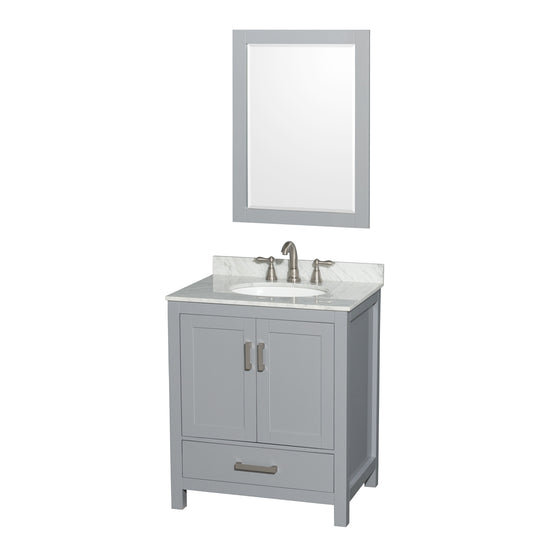 Sheffield 30 inch Single Bathroom Vanity in Gray, White Carrara Marble Countertop, Undermount Oval Sink, and 24 inch Mirror