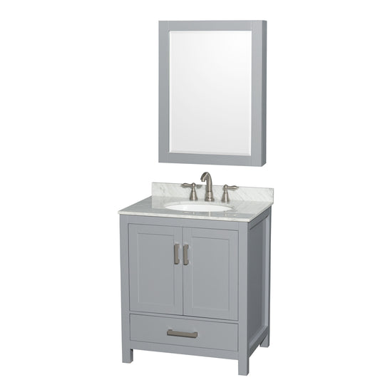 Sheffield 30 inch Single Bathroom Vanity in Gray, White Carrara Marble Countertop, Undermount Oval Sink, and Medicine Cabinet