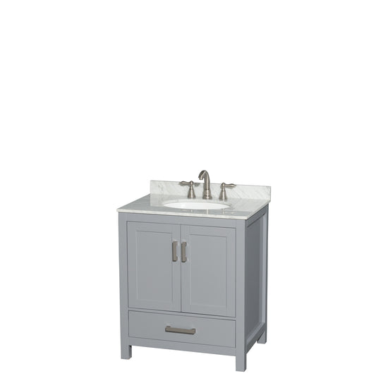 Sheffield 30 inch Single Bathroom Vanity in Gray, White Carrara Marble Countertop, Undermount Oval Sink, and No Mirror