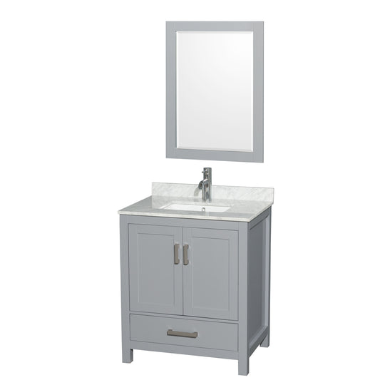 Sheffield 30 inch Single Bathroom Vanity in Gray, White Carrara Marble Countertop, Undermount Square Sink, and 24 inch Mirror