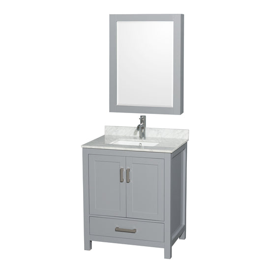 Sheffield 30 inch Single Bathroom Vanity in Gray, White Carrara Marble Countertop, Undermount Square Sink, and Medicine Cabinet