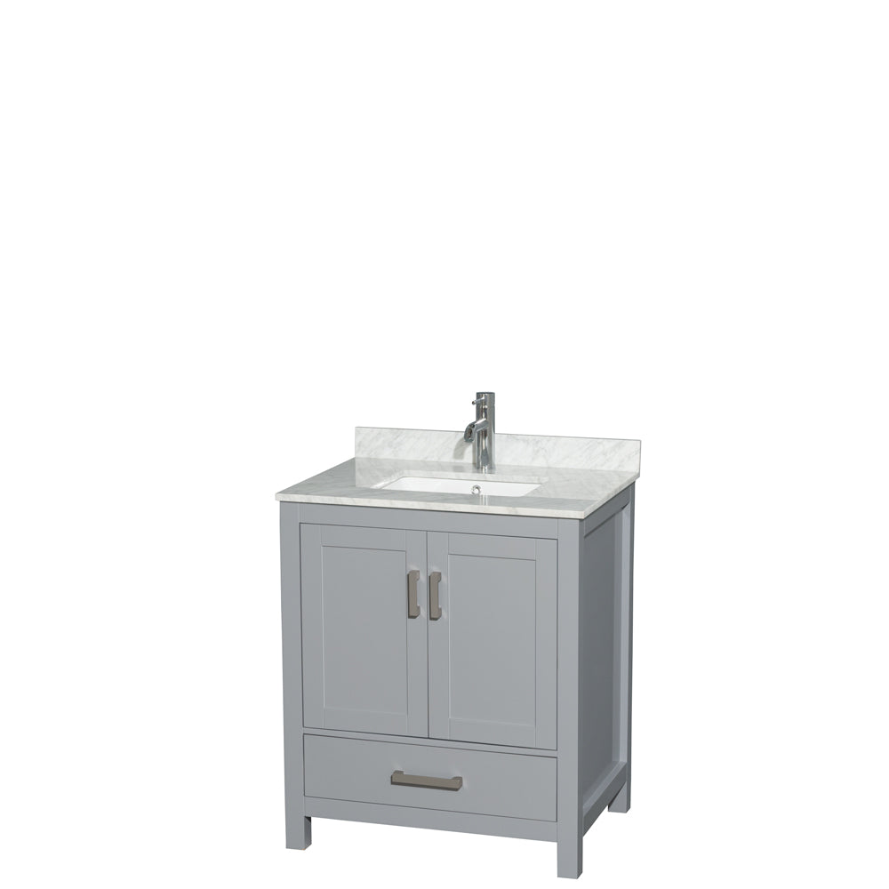 Sheffield 30 inch Single Bathroom Vanity in Gray, White Carrara Marble Countertop, Undermount Square Sink, and No Mirror