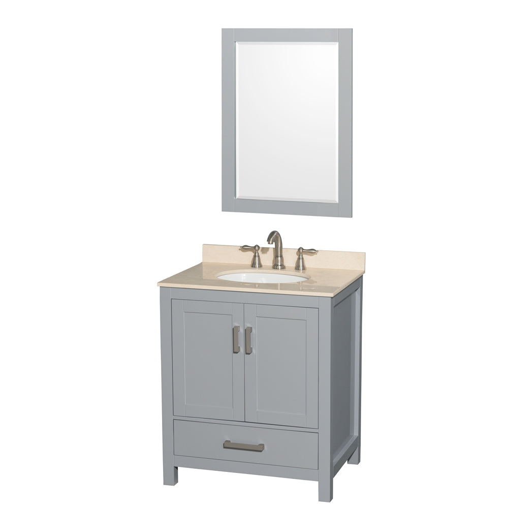 Sheffield 30 inch Single Bathroom Vanity in Gray, Ivory Marble Countertop, Undermount Oval Sink, and 24 inch Mirror