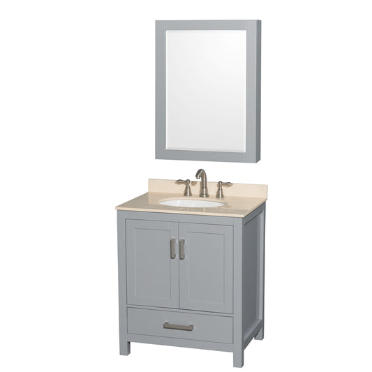 Sheffield 30 inch Single Bathroom Vanity in Gray, Ivory Marble Countertop, Undermount Oval Sink, and Medicine Cabinet