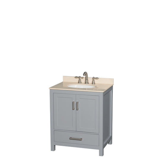 Sheffield 30 inch Single Bathroom Vanity in Gray, Ivory Marble Countertop, Undermount Oval Sink, and No Mirror