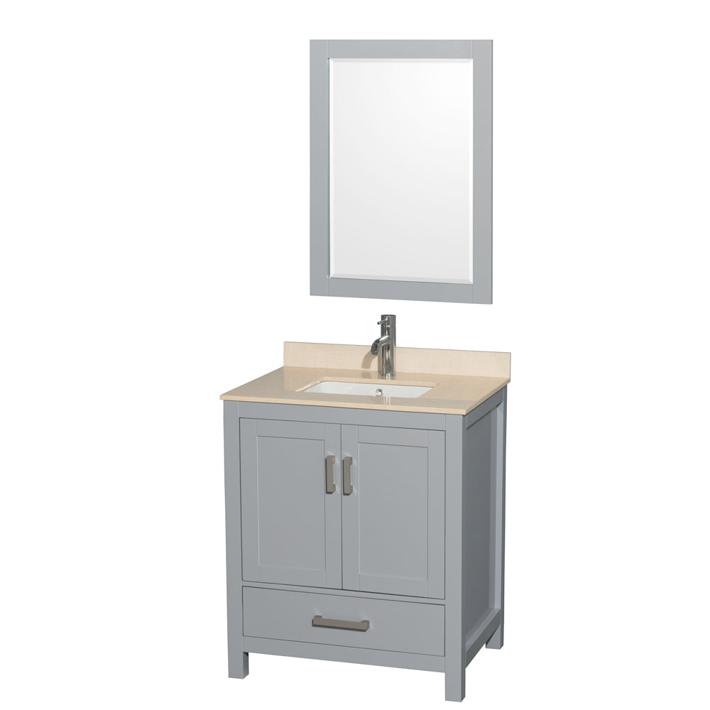 Sheffield 30 inch Single Bathroom Vanity in Gray, Ivory Marble Countertop, Undermount Square Sink, and 24 inch Mirror