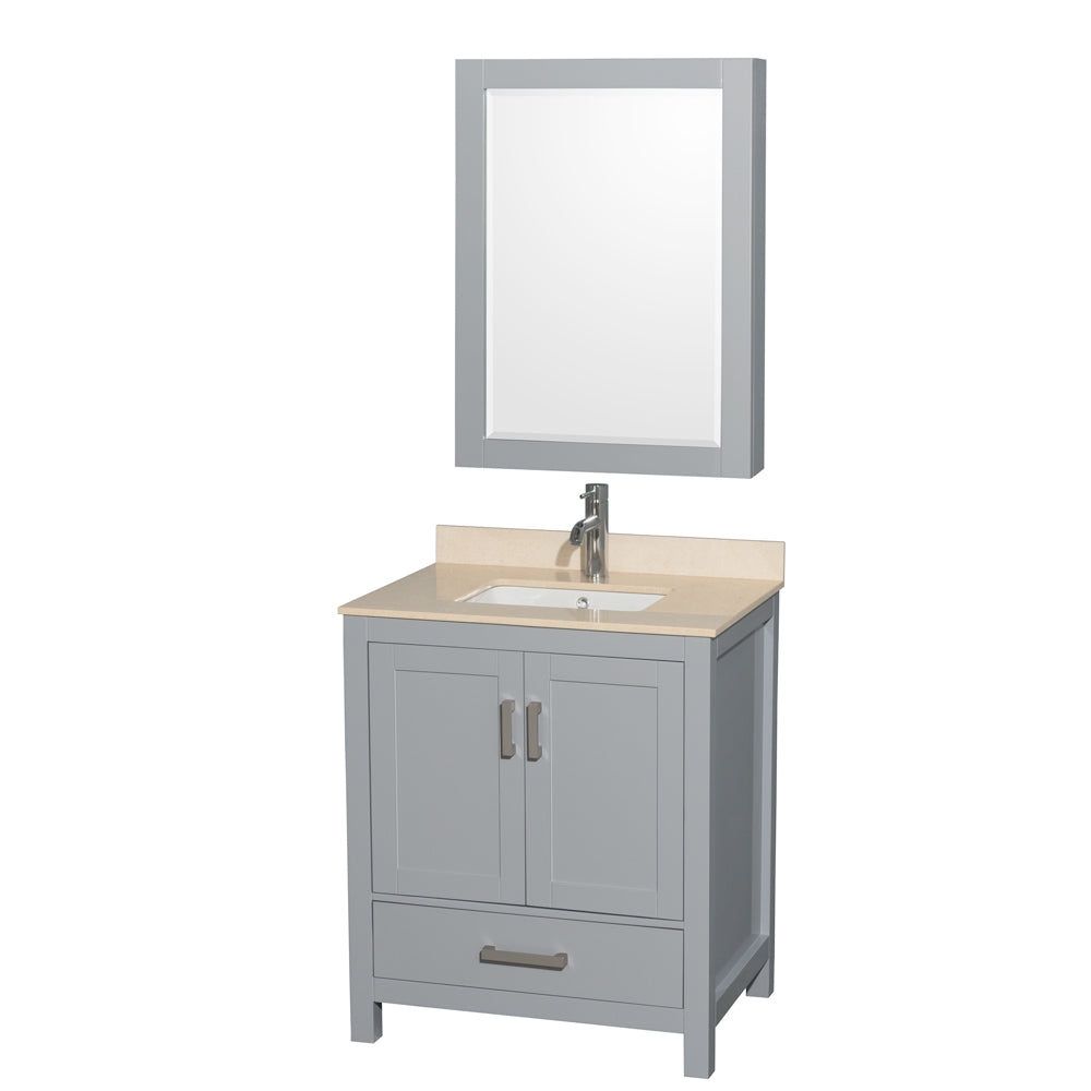 Sheffield 30 inch Single Bathroom Vanity in Gray, Ivory Marble Countertop, Undermount Square Sink, and Medicine Cabinet