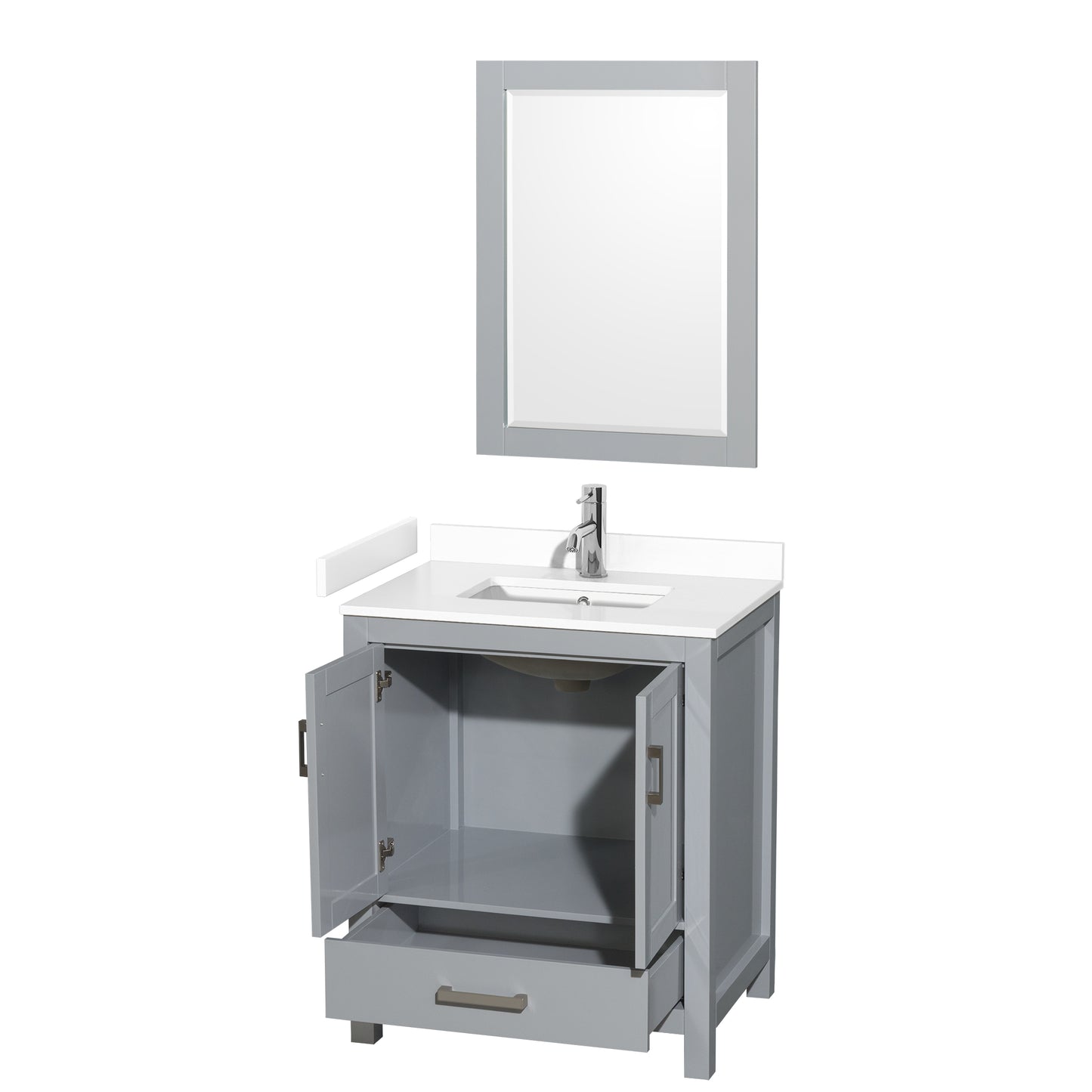 Sheffield 30" Single Vanity in Gray, White Marble Top, Square 24" Mirror