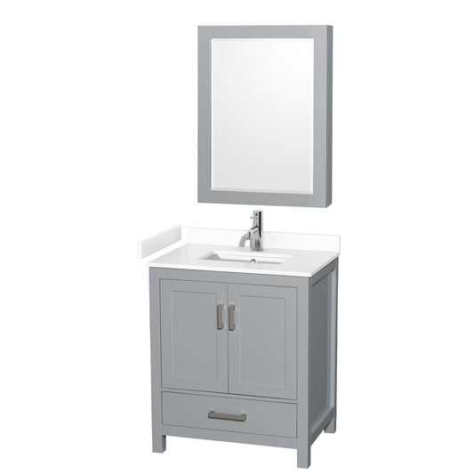 Sheffield 30" Single Vanity in Gray, White Marble Top, Square Medicine Cabinet