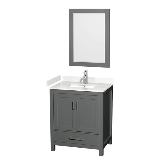 Sheffield 30" Single Vanity in Dark Gray, Carrara Marble Top, Square 24" Mirror