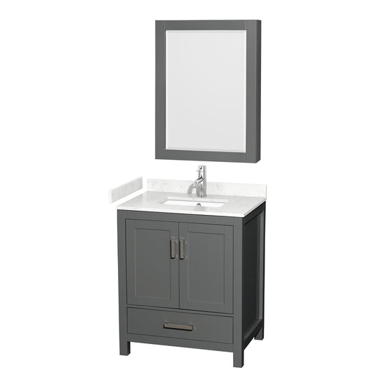 Sheffield 30" Single Vanity in Dark Gray, Carrara Marble Top, Medicine Cabinet