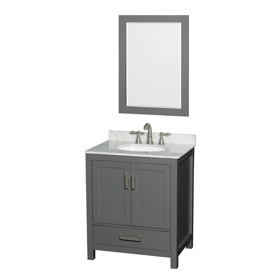 Sheffield 30 inch Single Bathroom Vanity in Dark Gray, White Carrara Marble Countertop, Undermount Oval Sink, and 24 inch Mirror