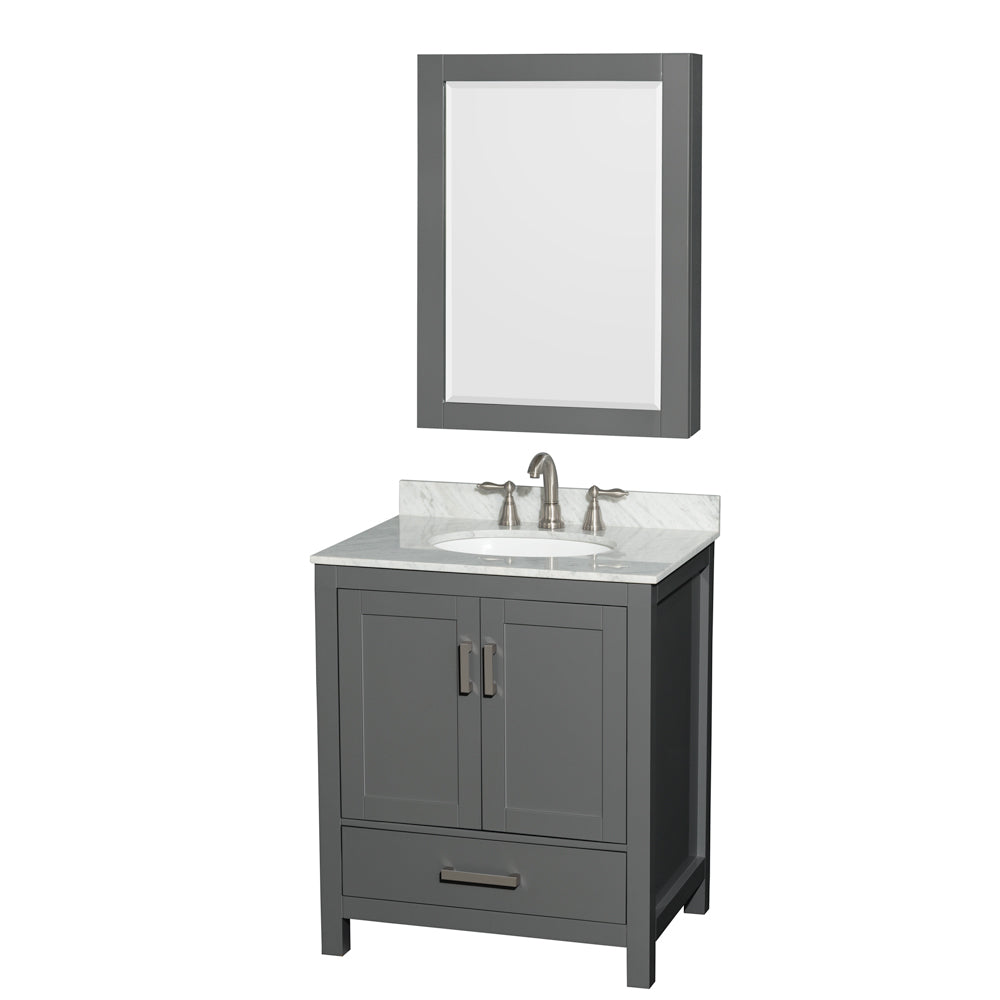 Sheffield 30 inch Single Bathroom Vanity in Dark Gray, White Carrara Marble Countertop, Undermount Oval Sink, and Medicine Cabinet