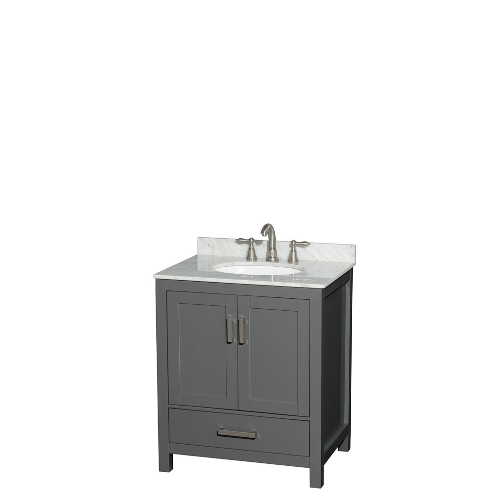 Sheffield 30 inch Single Bathroom Vanity in Dark Gray, White Carrara Marble Countertop, Undermount Oval Sink, and No Mirror