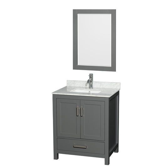 Sheffield 30 inch Single Bathroom Vanity in Dark Gray, White Carrara Marble Countertop, Undermount Square Sink, and 24 inch Mirror