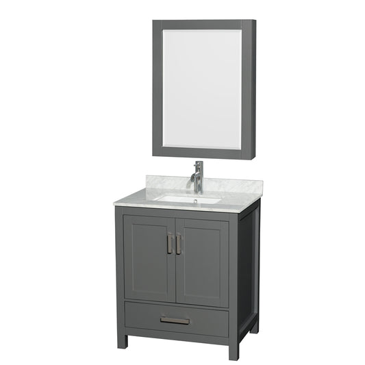 Sheffield 30 inch Single Bathroom Vanity in Dark Gray, White Carrara Marble Countertop, Undermount Square Sink, and Medicine Cabinet