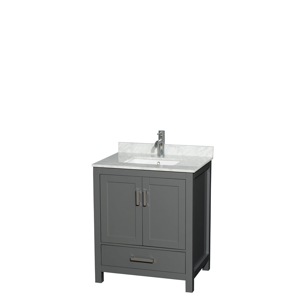 Sheffield 30 inch Single Bathroom Vanity in Dark Gray, White Carrara Marble Countertop, Undermount Square Sink, and No Mirror