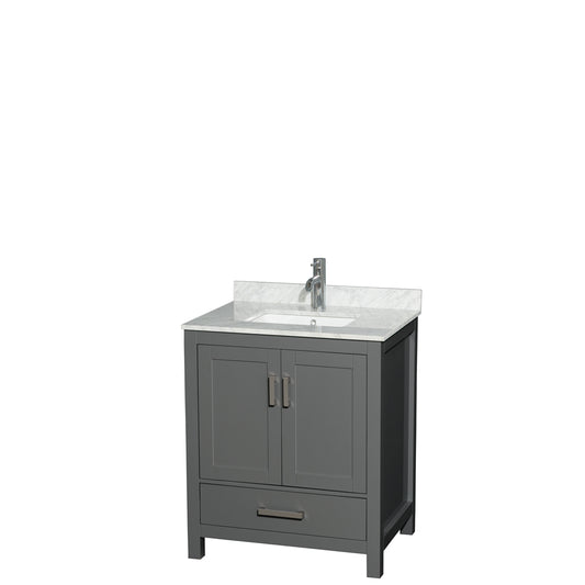 Sheffield 30 inch Single Bathroom Vanity in Dark Gray, White Carrara Marble Countertop, Undermount Square Sink, and No Mirror