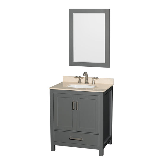 Sheffield 30 inch Single Bathroom Vanity in Dark Gray, Ivory Marble Countertop, Undermount Oval Sink, and 24 inch Mirror