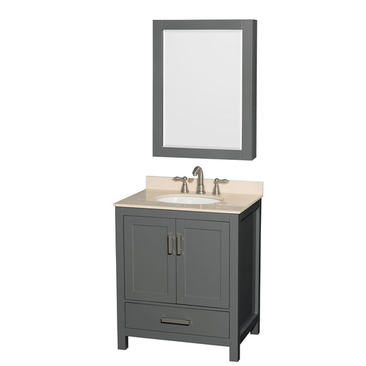 Sheffield 30 inch Single Bathroom Vanity in Dark Gray, Ivory Marble Countertop, Undermount Oval Sink, and Medicine Cabinet