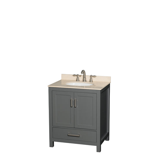 Sheffield 30 inch Single Bathroom Vanity in Dark Gray, Ivory Marble Countertop, Undermount Oval Sink, and No Mirror