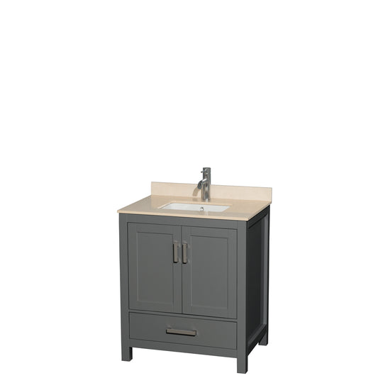 Sheffield 30 inch Single Bathroom Vanity in Dark Gray, Ivory Marble Countertop, Undermount Square Sink, and No Mirror