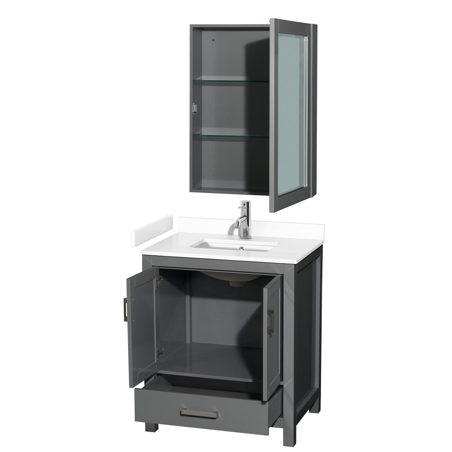 Sheffield 30" Single Vanity in Dark Gray, White Marble Top, Medicine Cabinet