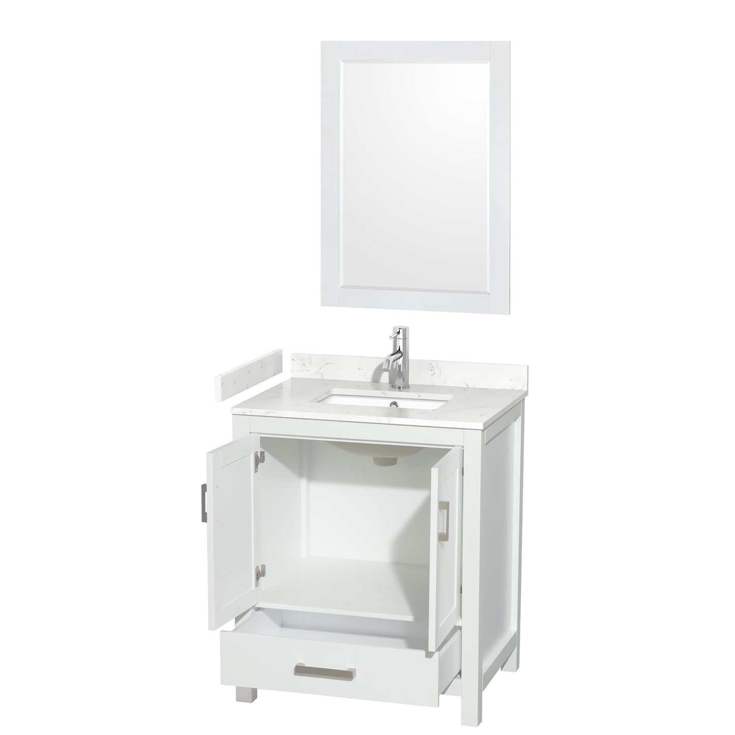 Sheffield 30" Single Vanity in White, Carrara Marble Top, Square 24" Mirror