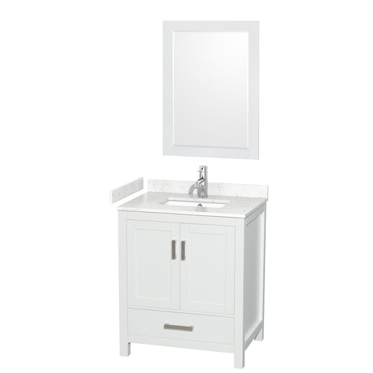 Sheffield 30" Single Vanity in White, Carrara Marble Top, Square 24" Mirror