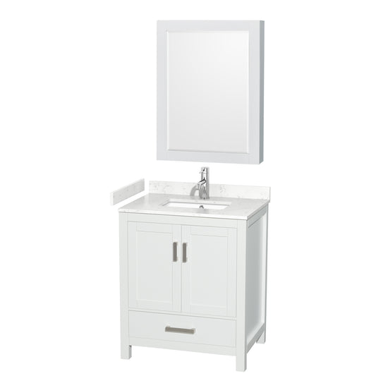 Sheffield 30" Single Vanity in White, Carrara Marble Top, Medicine Cabinet