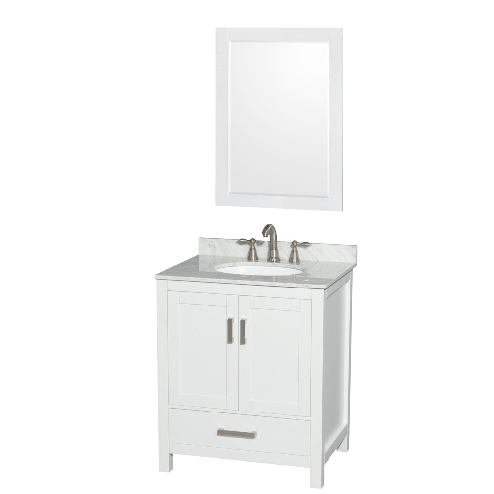 Sheffield 30 inch Single Bathroom Vanity in White, White Carrara Marble Countertop, Undermount Oval Sink, and 24 inch Mirror