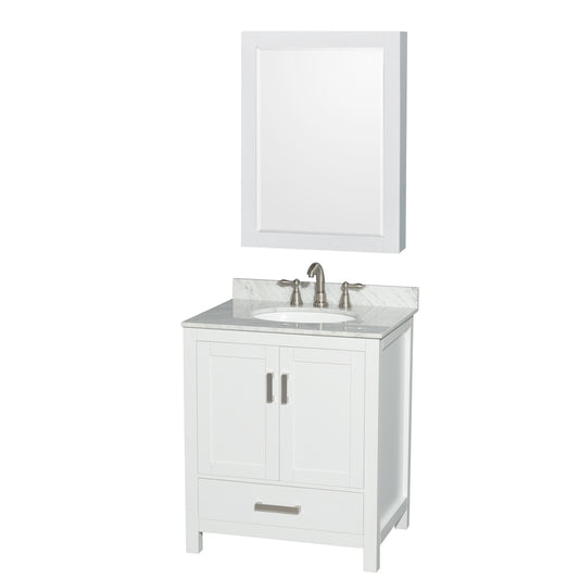 Sheffield 30 inch Single Bathroom Vanity in White, White Carrara Marble Countertop, Undermount Oval Sink, and Medicine Cabinet