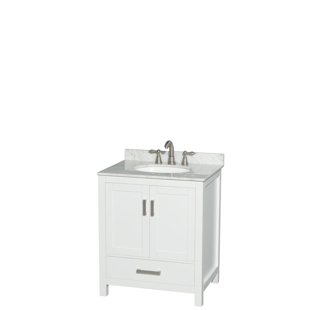 Sheffield 30 inch Single Bathroom Vanity in White, White Carrara Marble Countertop, Undermount Oval Sink, and No Mirror