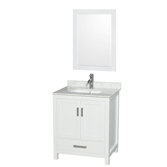 Sheffield 30 inch Single Bathroom Vanity in White, White Carrara Marble Countertop, Undermount Square Sink, and 24 inch Mirror