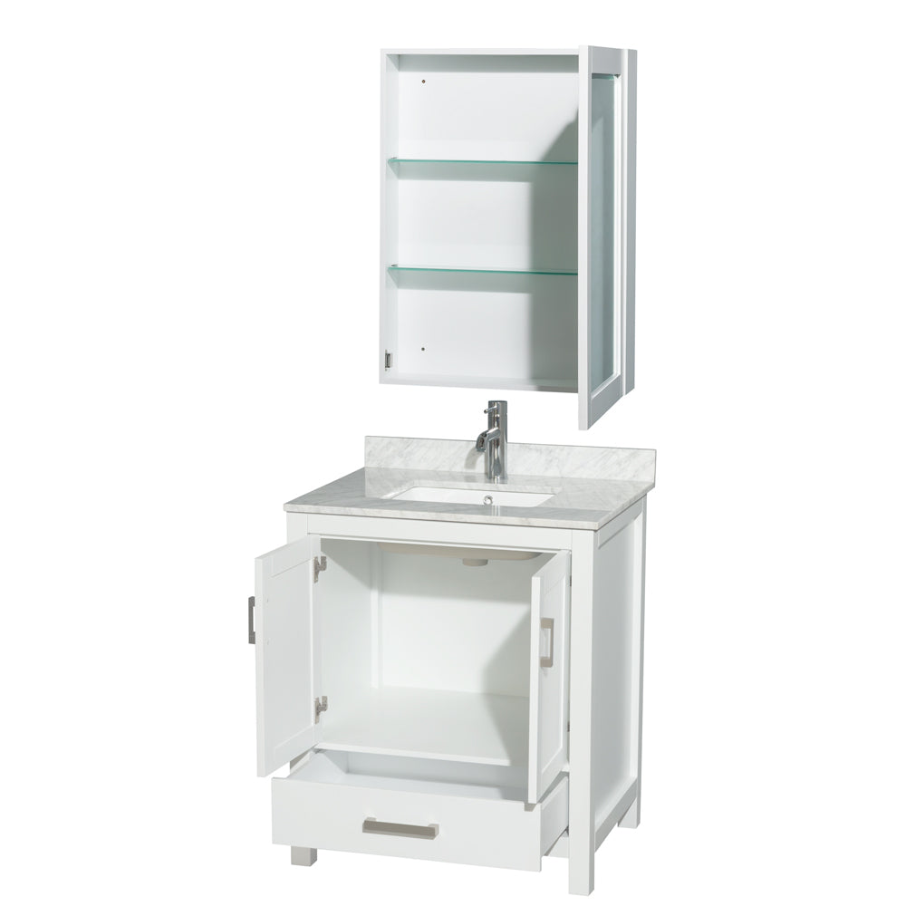 Sheffield 30" Single Vanity in White, Top, Square Sink, Medicine Cabinet