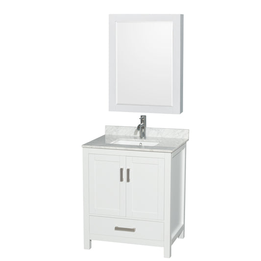 Sheffield 30 inch Single Bathroom Vanity in White, White Carrara Marble Countertop, Undermount Square Sink, and Medicine Cabinet