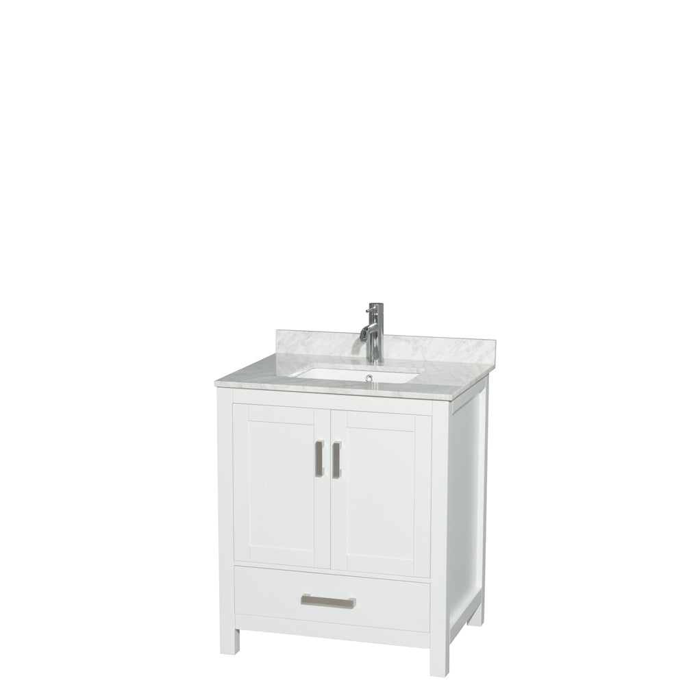 Sheffield 30 inch Single Bathroom Vanity in White, White Carrara Marble Countertop, Undermount Square Sink, and No Mirror