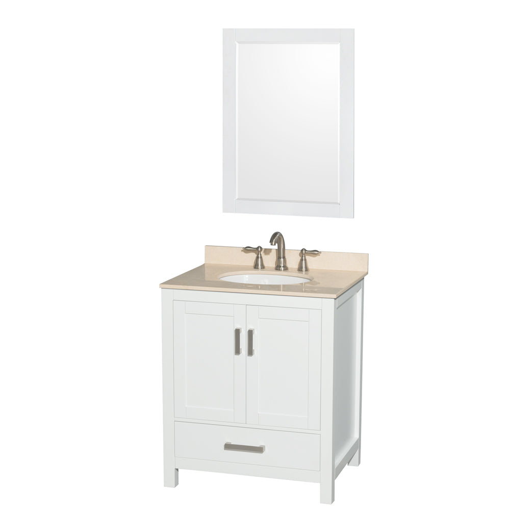 Sheffield 30 inch Single Bathroom Vanity in White, Ivory Marble Countertop, Undermount Oval Sink, and 24 inch Mirror