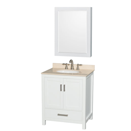 Sheffield 30 inch Single Bathroom Vanity in White, Ivory Marble Countertop, Undermount Oval Sink, and Medicine Cabinet