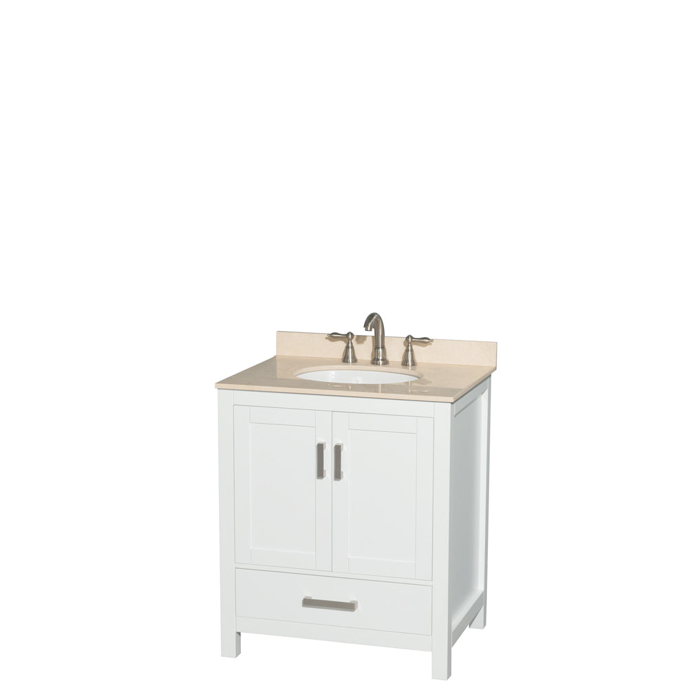 Sheffield 30 inch Single Bathroom Vanity in White, Ivory Marble Countertop, Undermount Oval Sink, and No Mirror