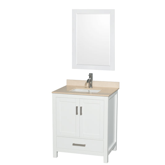 Sheffield 30 inch Single Bathroom Vanity in White, Ivory Marble Countertop, Undermount Square Sink, and 24 inch Mirror