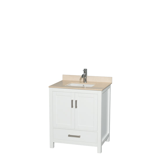 Sheffield 30 inch Single Bathroom Vanity in White, Ivory Marble Countertop, Undermount Square Sink, and No Mirror