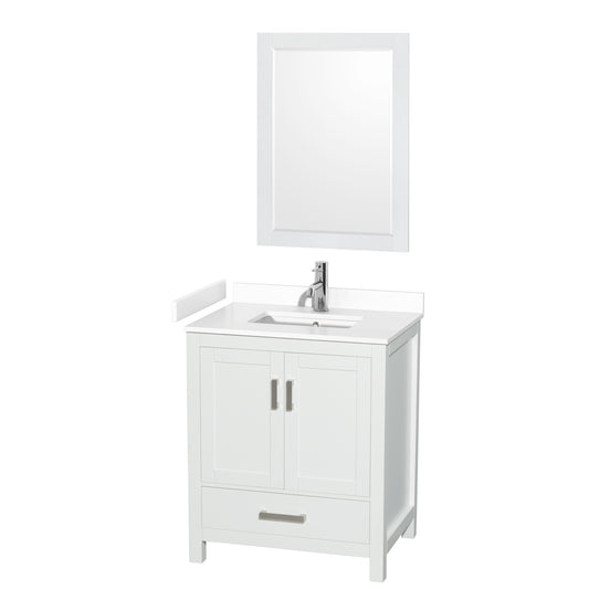 Sheffield 30" Single Vanity in White, White Marble Top, Square 24" Mirror