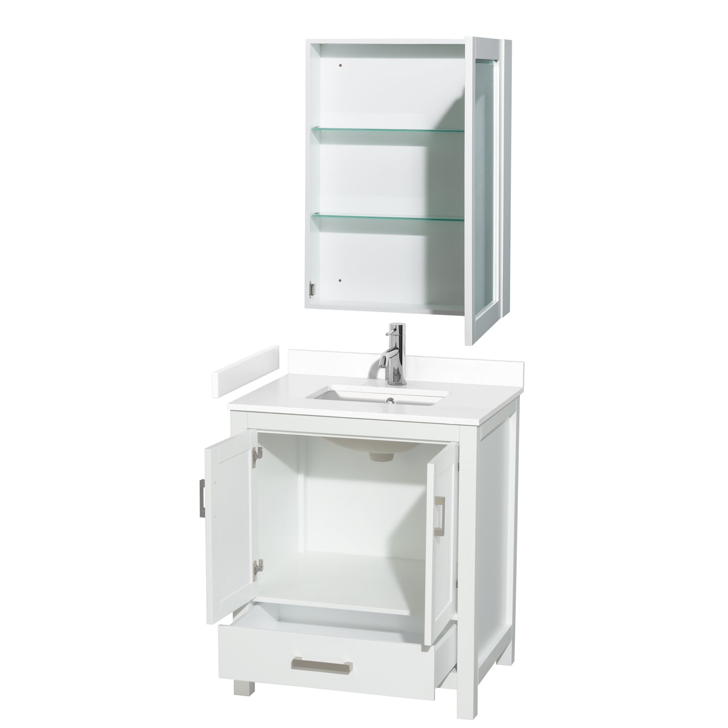 Sheffield 30" Single Vanity in White, White Marble Top, Square Medicine Cabinet