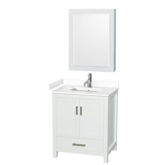 Sheffield 30" Single Vanity in White, White Marble Top, Square Medicine Cabinet