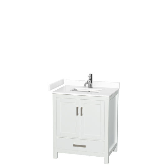Sheffield 30" Single Vanity in White, White Marble Top, Square No Mirror